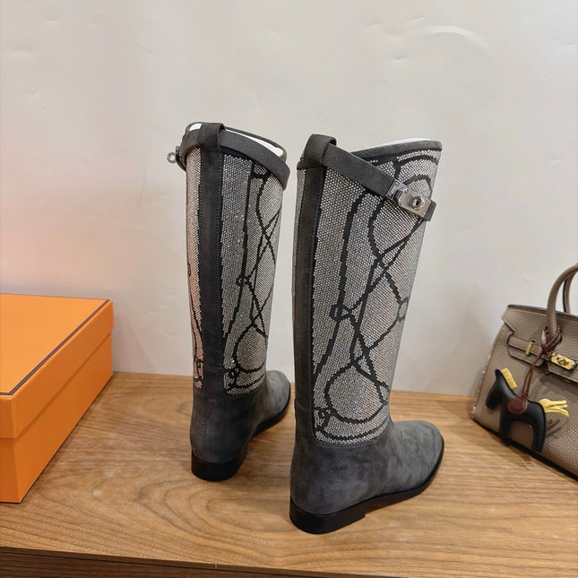 HM 26S JUMPING BOOTS IN DARK GREY SUEDE AND RHINESTONE FABRIC