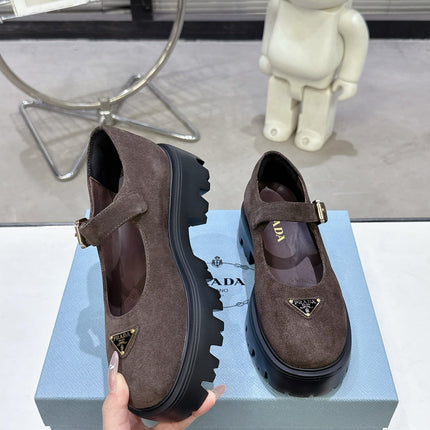 PRADA 25S PLATFORM MARY JANE SHOES IN DARK BROWN SUEDE STYLE 3
