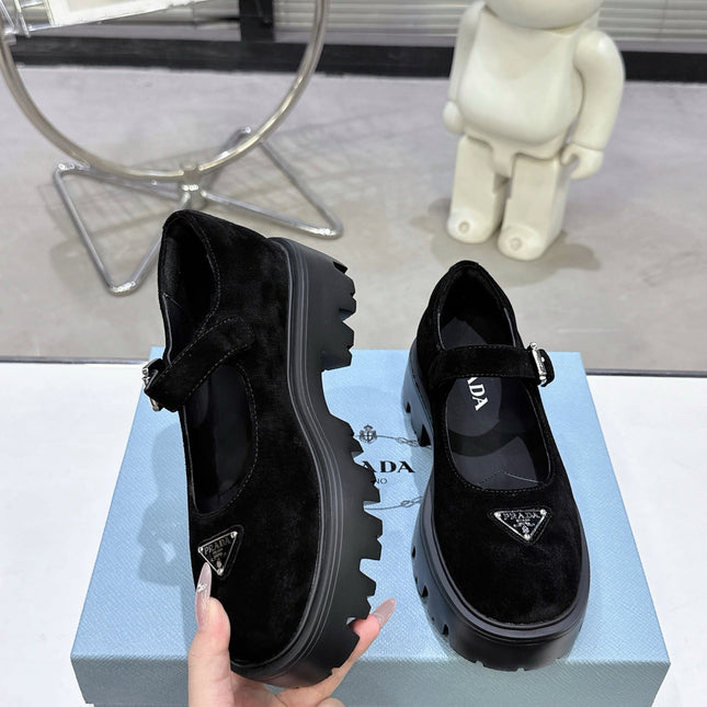PRADA 25S PLATFORM MARY JANE SHOES IN BLACK SUEDE STYLE 2