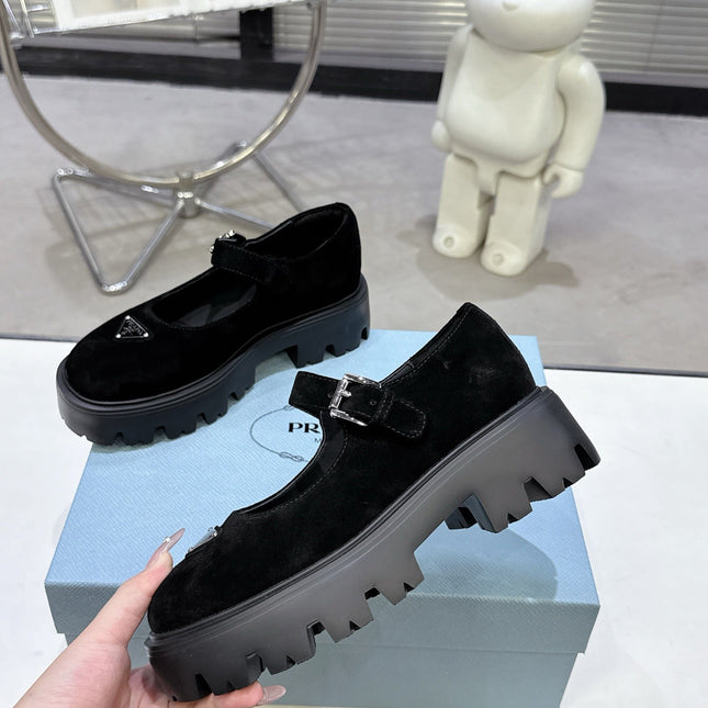 PRADA 25S PLATFORM MARY JANE SHOES IN BLACK SUEDE STYLE 2
