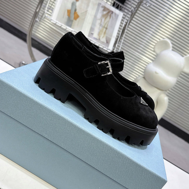 PRADA 25S PLATFORM MARY JANE SHOES IN BLACK SUEDE STYLE 2