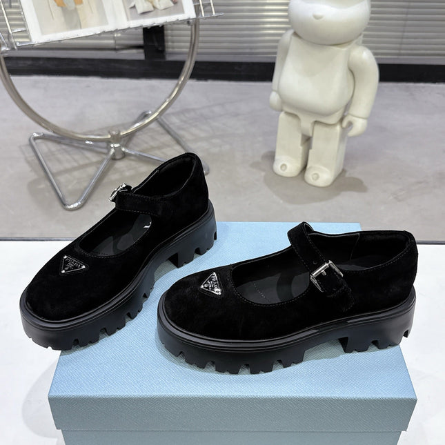 PRADA 25S PLATFORM MARY JANE SHOES IN BLACK SUEDE STYLE 2