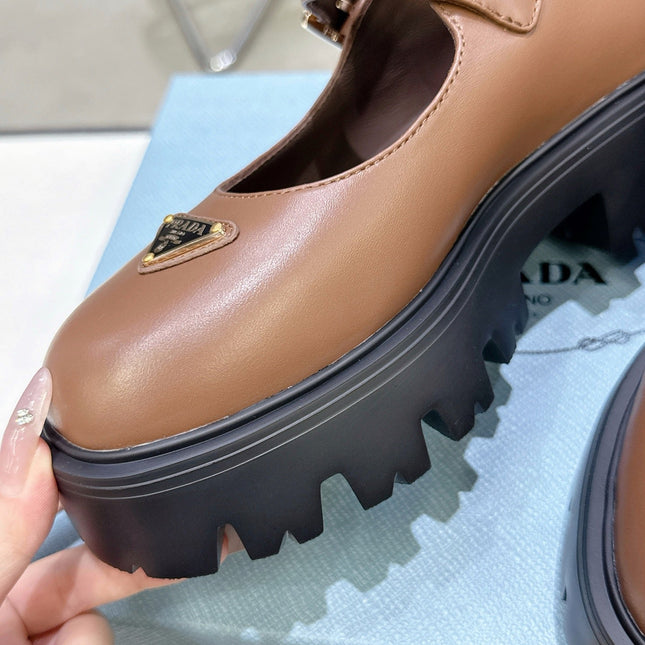 PRADA 25S PLATFORM MARY JANE SHOES IN BROWN CALFSKIN STYLE 1