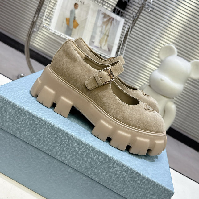 PRADA 25S PLATFORM MARY JANE SHOES IN BEIGE SUEDE