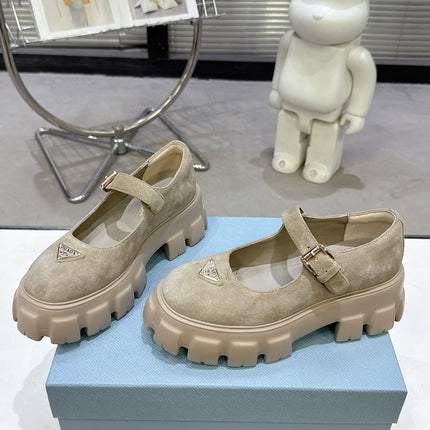 PRADA 25S PLATFORM MARY JANE SHOES IN BEIGE SUEDE