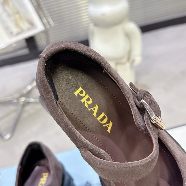 PRADA 25S PLATFORM MARY JANE SHOES IN DARK BROWN SUEDE