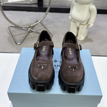 PRADA 25S PLATFORM MARY JANE SHOES IN DARK BROWN SUEDE