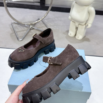 PRADA 25S PLATFORM MARY JANE SHOES IN DARK BROWN SUEDE
