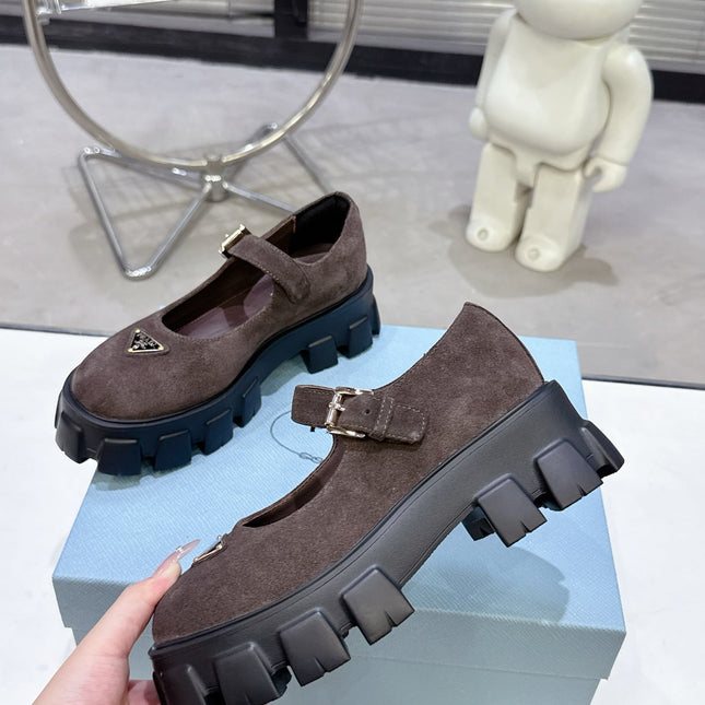 PRADA 25S PLATFORM MARY JANE SHOES IN DARK BROWN SUEDE