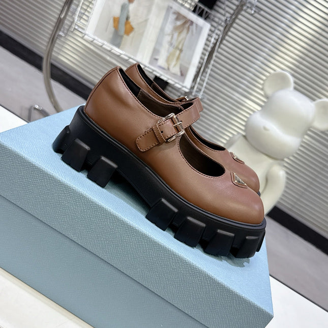 PRADA 25S PLATFORM MARY JANE SHOES IN BROWN CALFSKIN