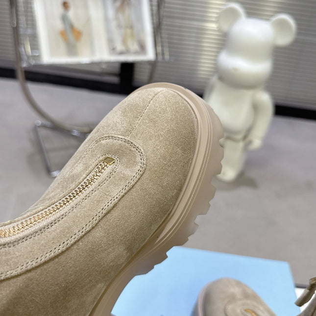 PRADA 25S ZIP-UP ANKLE BOOTS IN BEIGE SUEDE