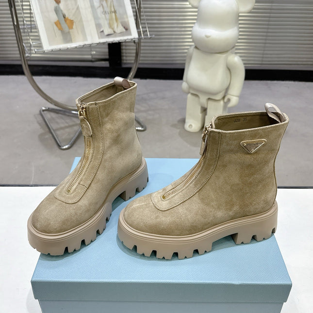PRADA 25S ZIP-UP ANKLE BOOTS IN BEIGE SUEDE