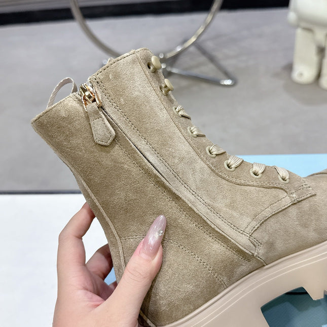 PRADA 25S WARRIOR BOOTS IN BEIGE SUEDE