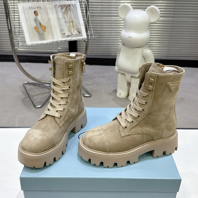 PRADA 25S WARRIOR BOOTS IN BEIGE SUEDE