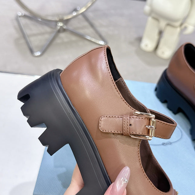 PRADA 25S PLATFORM MARY JANE SHOES IN BROWN CALFSKIN STYLE 1