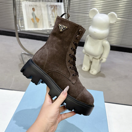 PRADA 25S WARRIOR BOOTS IN DARK BROWN SUEDE