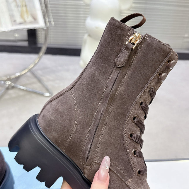PRADA 25S WARRIOR BOOTS IN DARK BROWN SUEDE