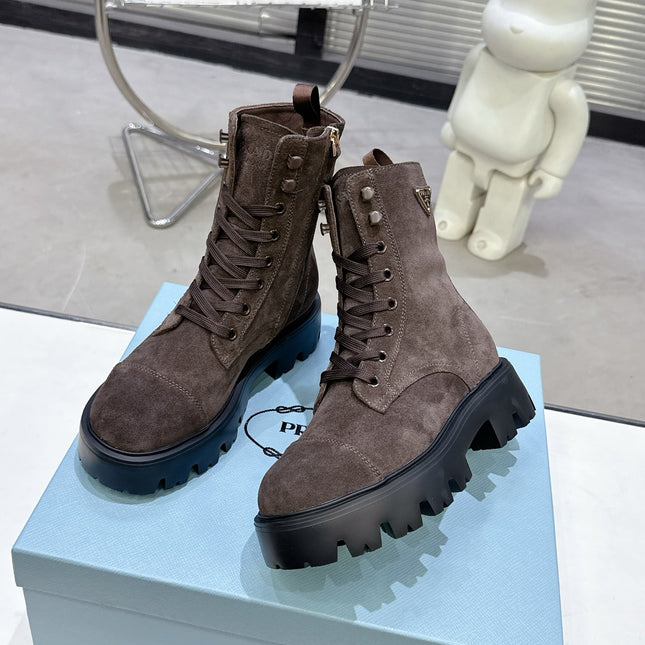 PRADA 25S WARRIOR BOOTS IN DARK BROWN SUEDE