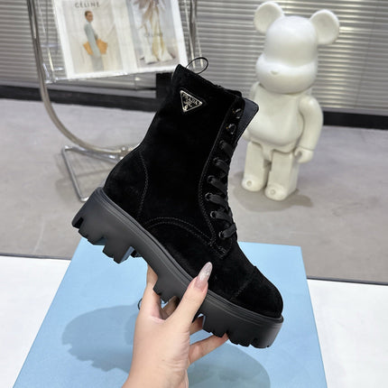 PRADA 25S WARRIOR BOOTS IN BLACK SUEDE
