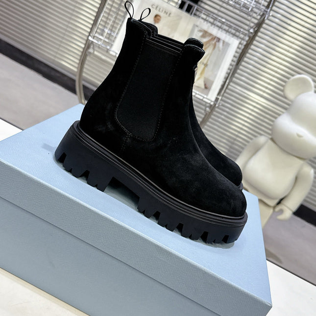 PRADA 25S RETRO PLATFORM MARTIN ANKLE BOOTS IN BLACK SUEDE