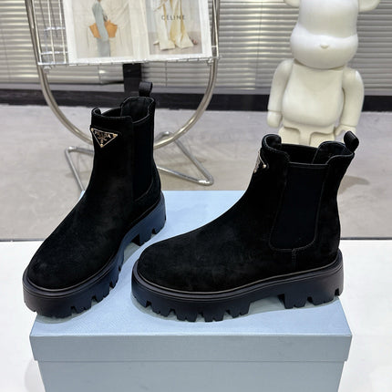 PRADA 25S RETRO PLATFORM MARTIN ANKLE BOOTS IN BLACK SUEDE
