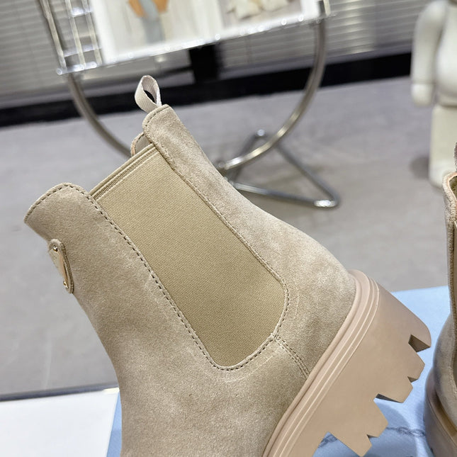 PRADA 25S RETRO PLATFORM MARTIN ANKLE BOOTS IN BEIGE SUEDE
