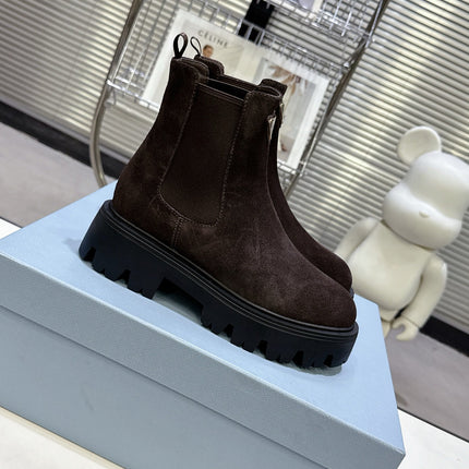 PRADA 25S RETRO PLATFORM MARTIN ANKLE BOOTS IN DARK BROWN SUEDE