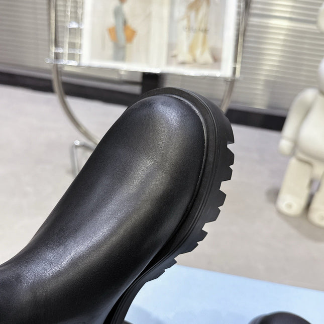 PRADA 25S RETRO PLATFORM MARTIN ANKLE BOOTS IN BLACK CALFSKIN
