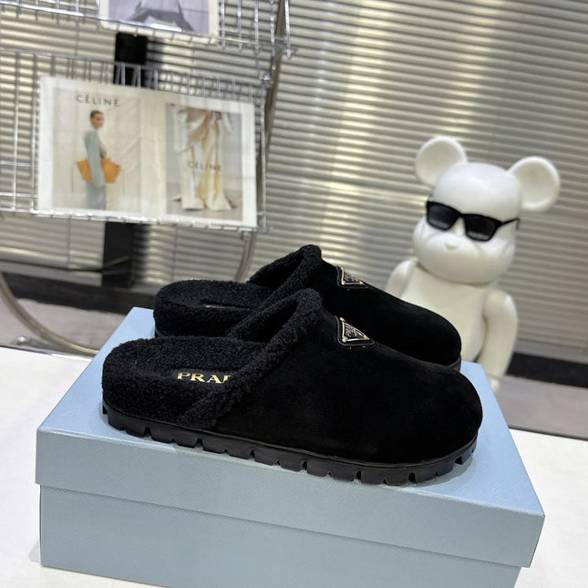 PRADA 25S FUR-LINED SABOT MULES IN BLACK SUEDE