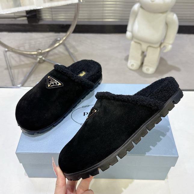 PRADA 25S FUR-LINED SABOT MULES IN BLACK SUEDE