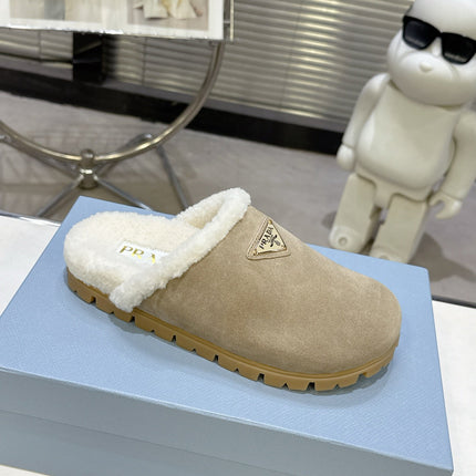 PRADA 25S FUR-LINED SABOT MULES IN BEIGE SUEDE