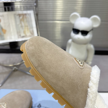 PRADA 25S FUR-LINED SABOT MULES IN BEIGE SUEDE