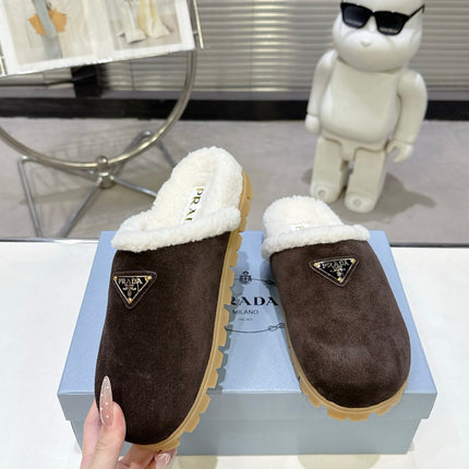 PRADA 25S FUR-LINED MULES IN DARK BROWN SUEDE