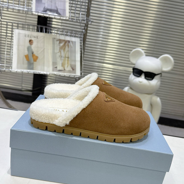PRADA 25S FUR-LINED MULES IN BROWN SUEDE