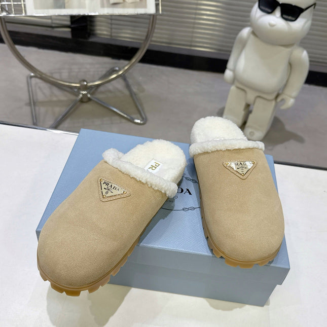 PRADA 25S FUR-LINED MULES IN BEIGE SUEDE