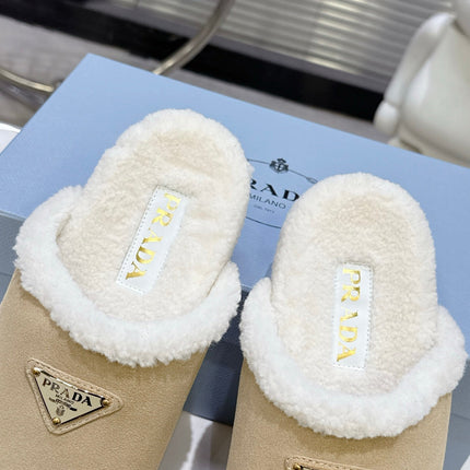 PRADA 25S FUR-LINED MULES IN BEIGE SUEDE