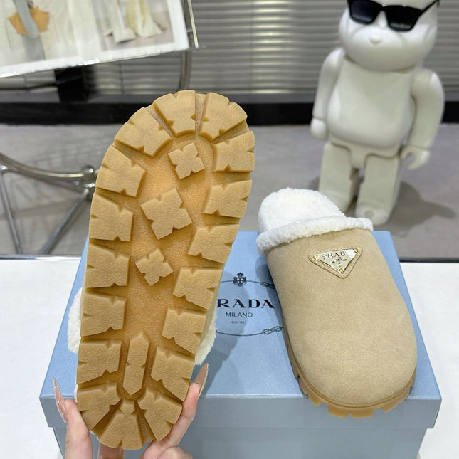 PRADA 25S FUR-LINED MULES IN BEIGE SUEDE