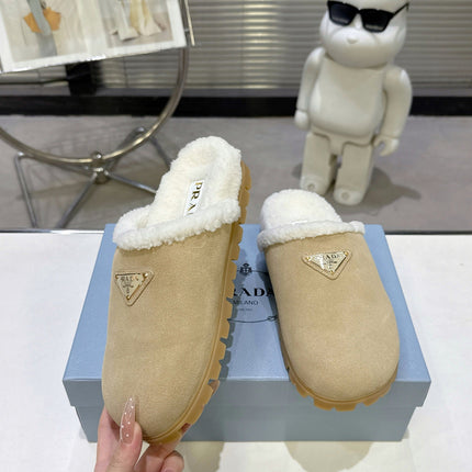 PRADA 25S FUR-LINED MULES IN BEIGE SUEDE