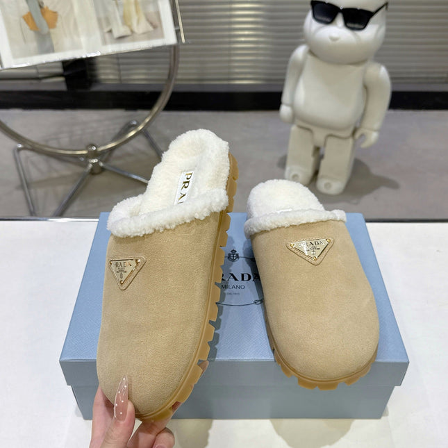 PRADA 25S FUR-LINED MULES IN BEIGE SUEDE
