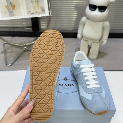 PRADA 26S LACE UP SNEAKERS IN LIGHT BLUE NYLON AND SUEDE