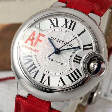 BALLON BLEU DE CARTIER 33 MM WATCH SILVER CASE WITH CRIMSON RED LEATHER STRAP