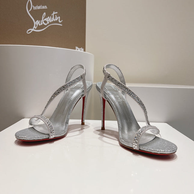 EMBELLISHED SANDAL 100MM IN SILVER MIX WHITE CALFSKIN