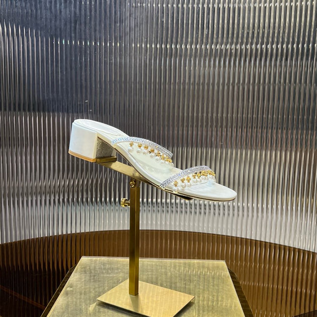 HIGH 45 MM BLOCK HEEL SANDAL IN WHITE GRAINY PEARLIZED LAMBSKIN