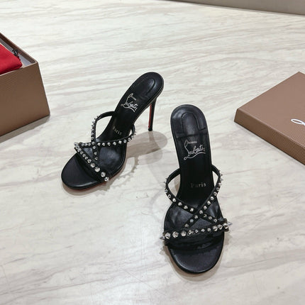 CRYSTAL GLITTER CRISS-CROSS STRAP SANDALS IN BLACK CALFSKIN