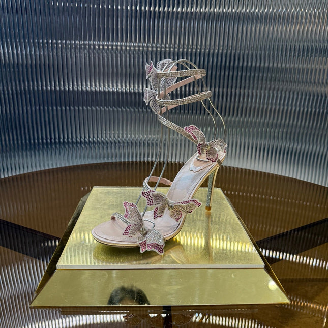 RENE CAOVILLA 26S FLORIANE HIGH HEELS 95 MM IN BEIGE LAMBSKIN BUTTERFLY EMBELLISHED STRAP