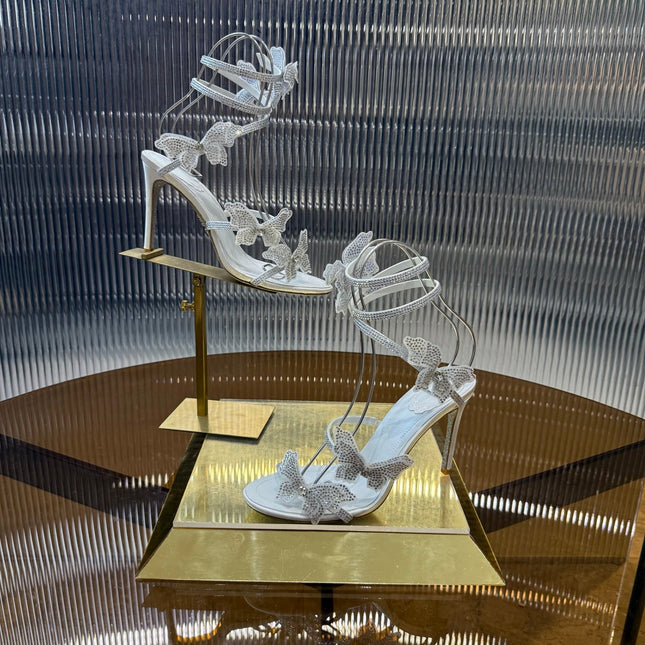 RENE CAOVILLA 26S FLORIANE HIGH HEELS 95 MM IN WHITE LAMBSKIN BUTTERFLY EMBELLISHED STRAP