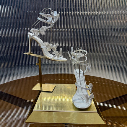 RENE CAOVILLA 26S FLORIANE HIGH HEELS 95 MM IN WHITE LAMBSKIN BUTTERFLY EMBELLISHED STRAP
