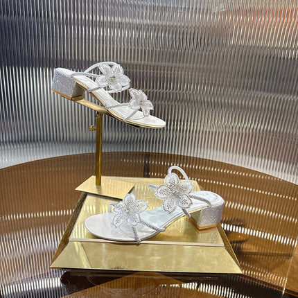 RENE CAOVILLA 26S FLOWER EMBELLISHED HEELS 45 MM IN WHITE LAMBSKIN