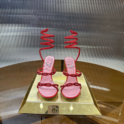RENE CAOVILLA 26S CRYSTAL WRAP HEELS 95 MM IN RED LAMBSKIN