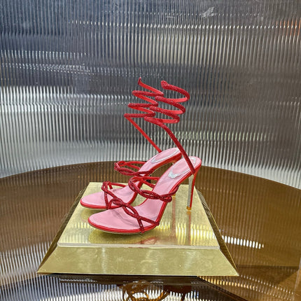 RENE CAOVILLA 26S CRYSTAL WRAP HEELS 95 MM IN RED LAMBSKIN